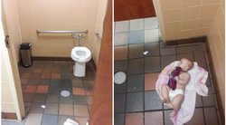 Tėvas keitė sauskelnes ant nešvarių tualeto grindų (nuotr. facebook.com)