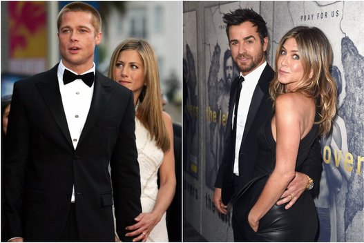 Jennifer Aniston su Bradu Pittu ir Justinu Therouxu (nuotr. SCANPIX) tv3.lt fotomontažas