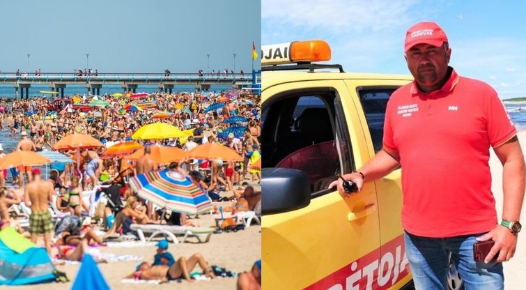 Palangos gelbėtojų vadovas Jonas Pirožnikas teigė, kad paplūdimiuose tiek žmonių dar nebuvo (tv3.lt fotomontažas)