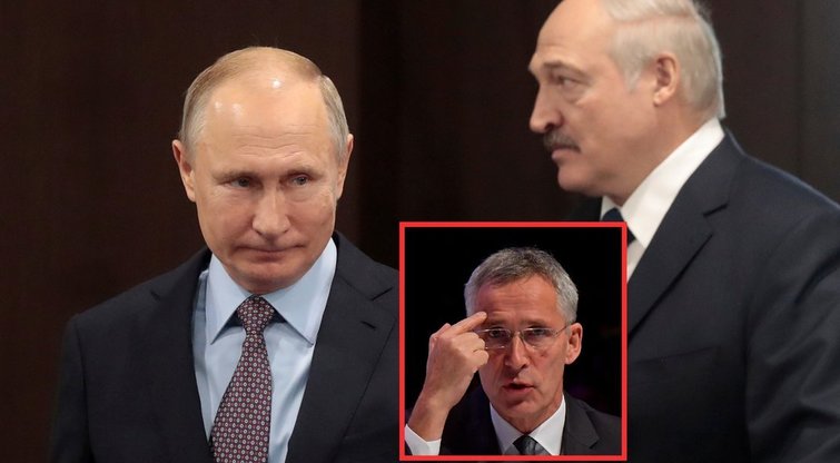 Rusijos prezidentas V. Putinas, Baltarusijos prezidentas A. Lukašenko ir NATO gen. sekretorius Jensas Stoltenbergas (nuotr. SCANPIX) tv3.lt fotomontažas