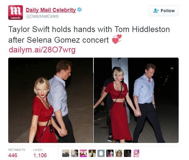 Taylor Swift ir Tomas Hiddlestonas  (nuotr. Twitter)