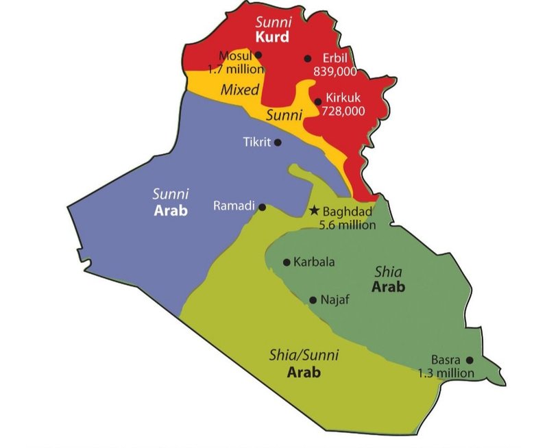 Irako žemėlapis: šiitai, sunitai, kurdai
