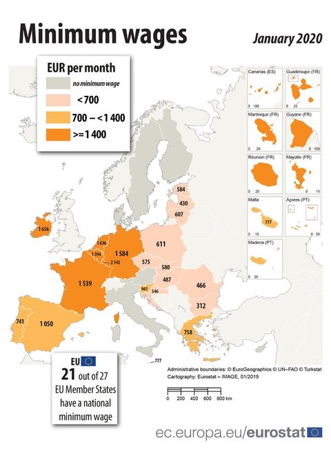 Minimalūs atlyginimai Europoje (Eurostat info.)