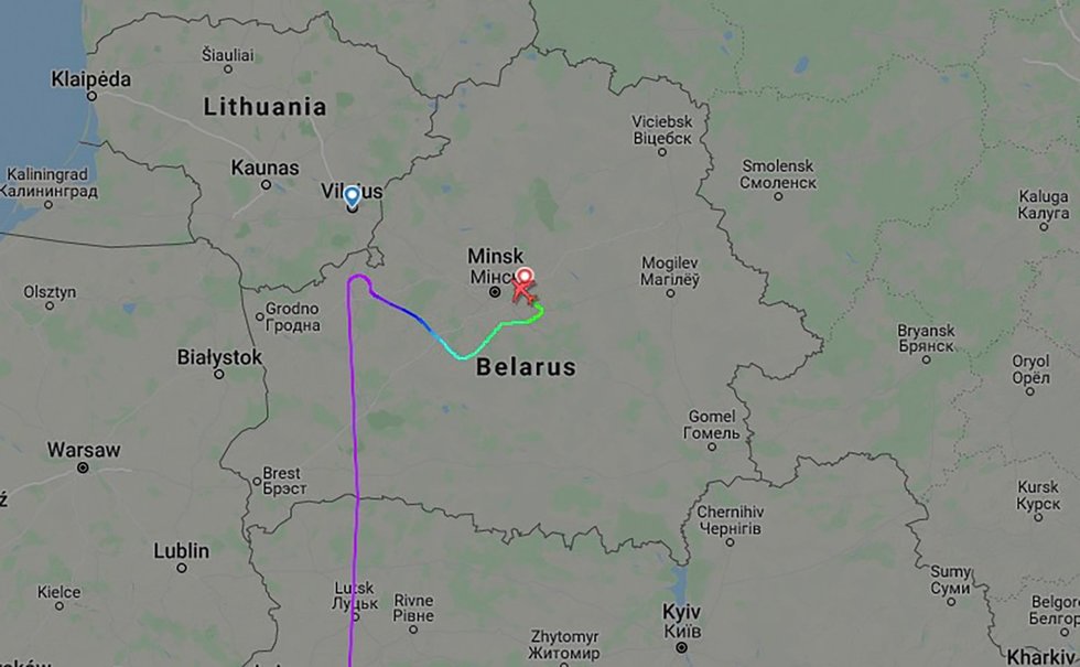 Baltarusijos užgrobto orlaivio skrydžio trajektorija