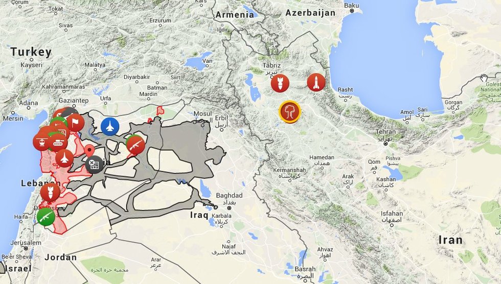Geltonu rutuliu pažymėta sprogimo vieta Irane sutampa su numanoma rusų raketų skridimo trajektorija (nuotr. Gamintojo)
