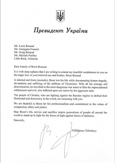 Volodymyro Zelenskio pagarbos laiškas Renaud šeimai