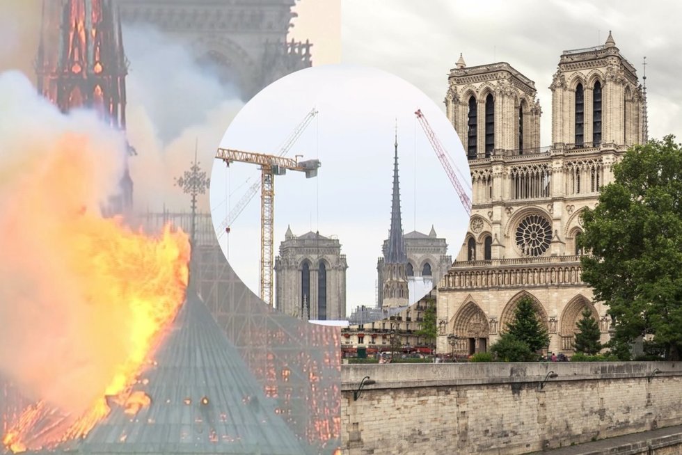 Paryžiaus Dievo Motinos katedros gaisras (tv3.lt koliažas)