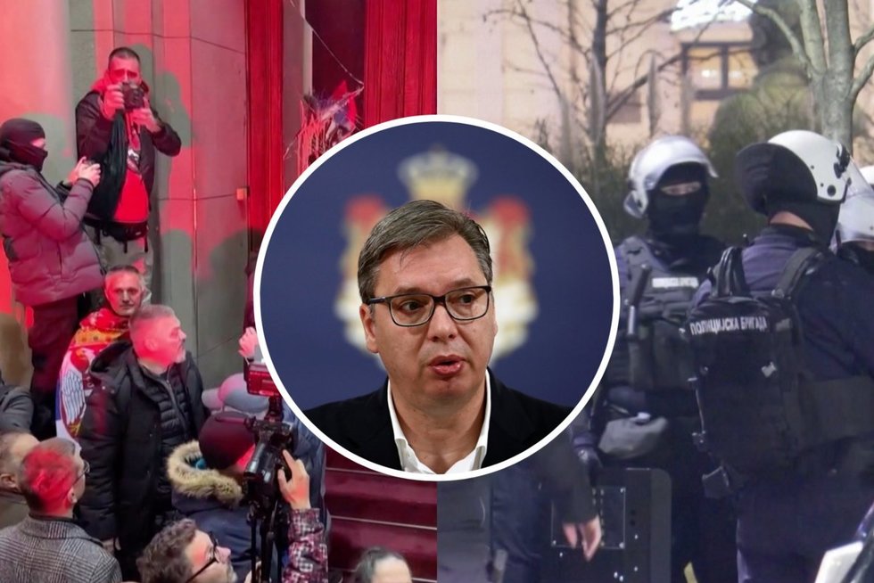 Serbijos Prezidentas protesto dalyvius laiko banditais, o kaltinimus dėl suklastotų rinkimų – melu (tv3.lt koliažas)