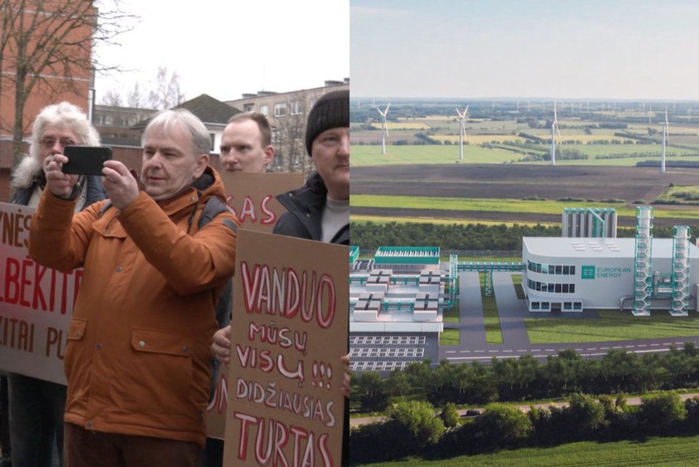 Protestas prie Kretingos savivaldybės ir „European Energy“ gamyklos vizualas (tv3.lt koliažas)