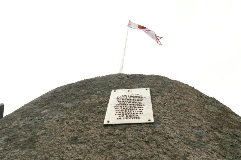 Šalia Plungės išniekintas kryžius partizanams atminti, o vietoje jo – Žemaitijos vėliava (nuotr. stop kadras)